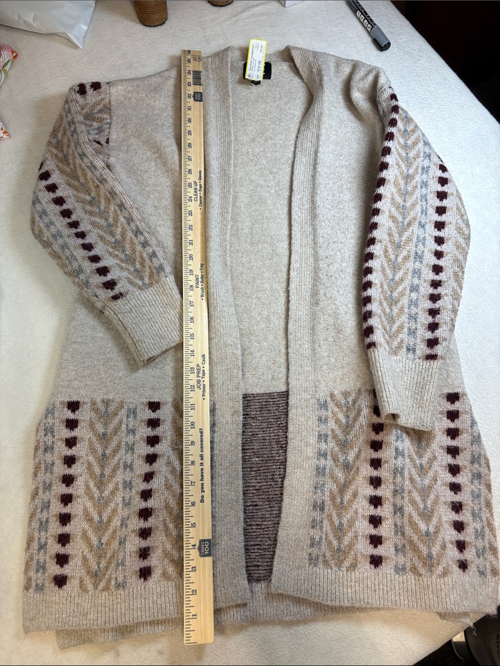 Frye Beige Open-Front Cardigan with Tan & Maroon Pattern
